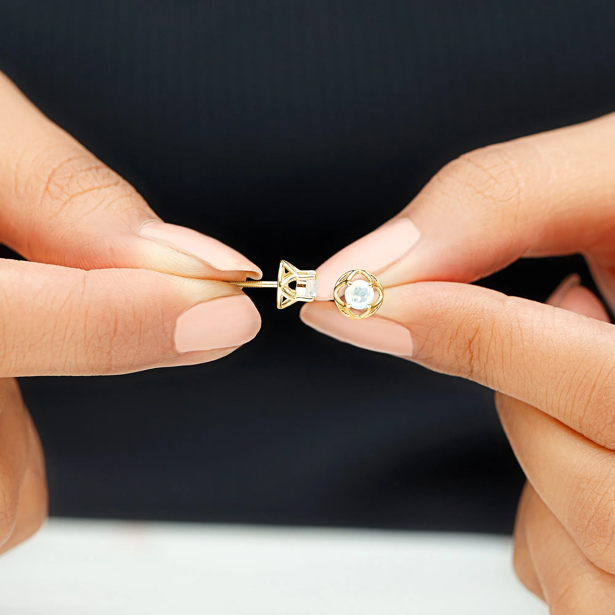 Solitaire Moonstone Flower Stud Earrings