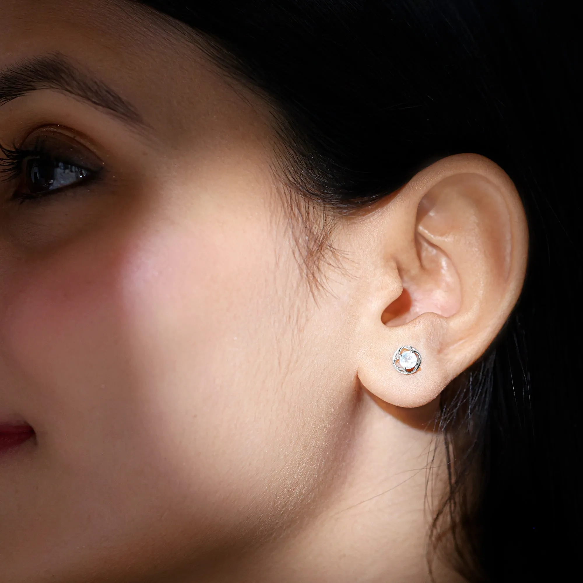 Solitaire Moonstone Flower Stud Earrings