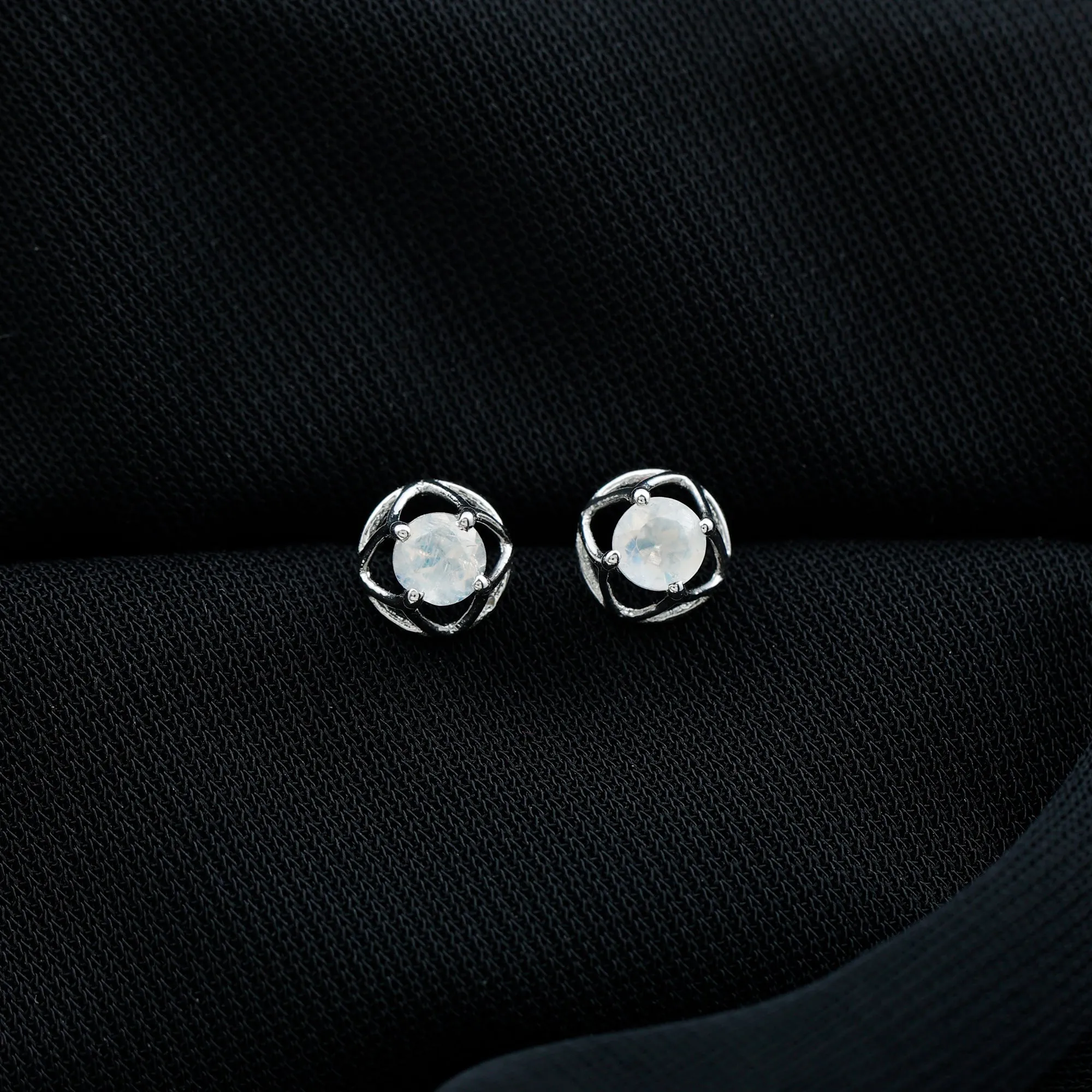 Solitaire Moonstone Flower Stud Earrings