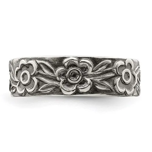 Sterling Silver Antiqued Flower 5mm Band Toe Ring