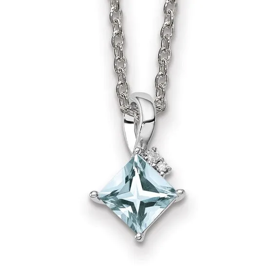 Sterling Silver Princess Square Gemstone & Diamond Pendant Necklaces