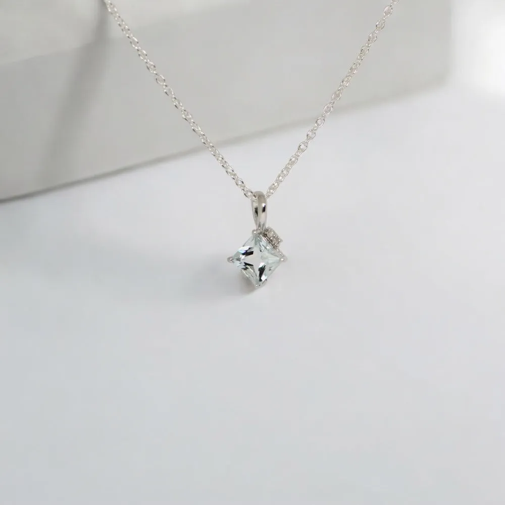 Sterling Silver Princess Square Gemstone & Diamond Pendant Necklaces
