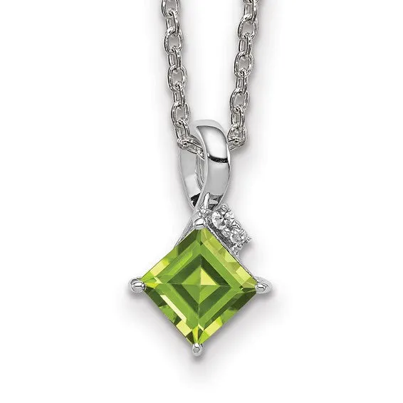 Sterling Silver Princess Square Gemstone & Diamond Pendant Necklaces