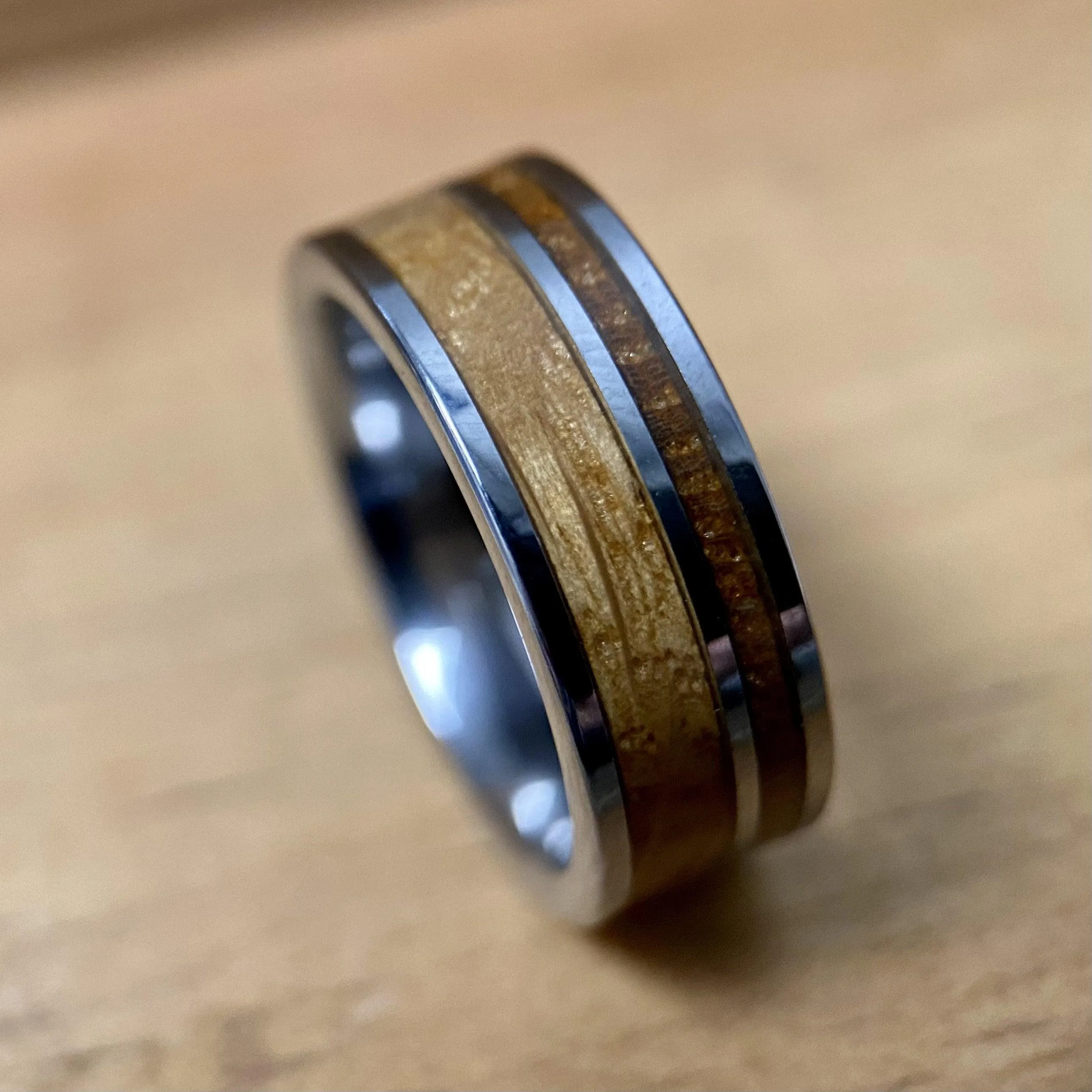 “The Whiskey Lover” Tungsten Ring With Reclaimed Bourbon Whiskey Barrel Wood