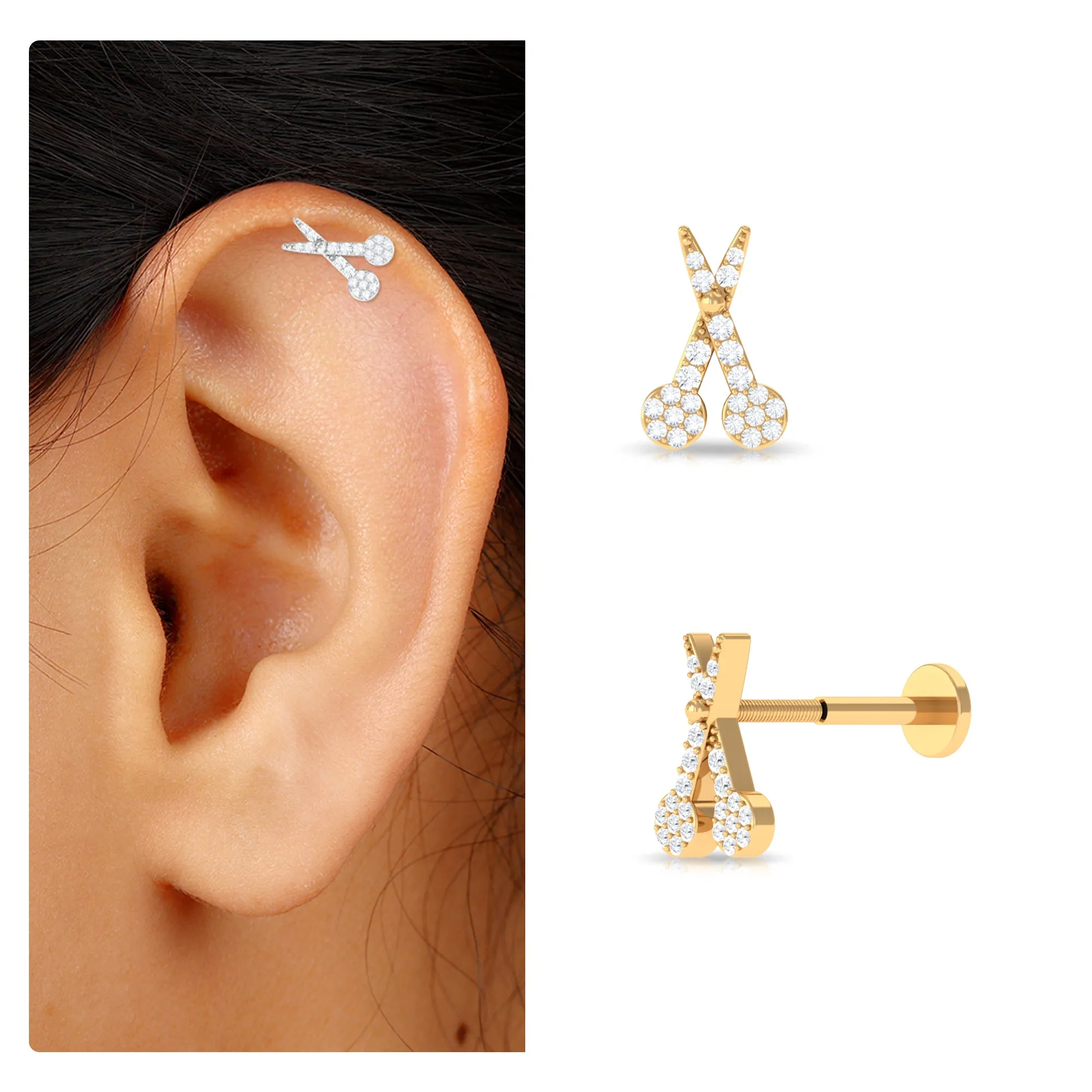 Unique Moissanite Scissor Cartilage Earring in Gold