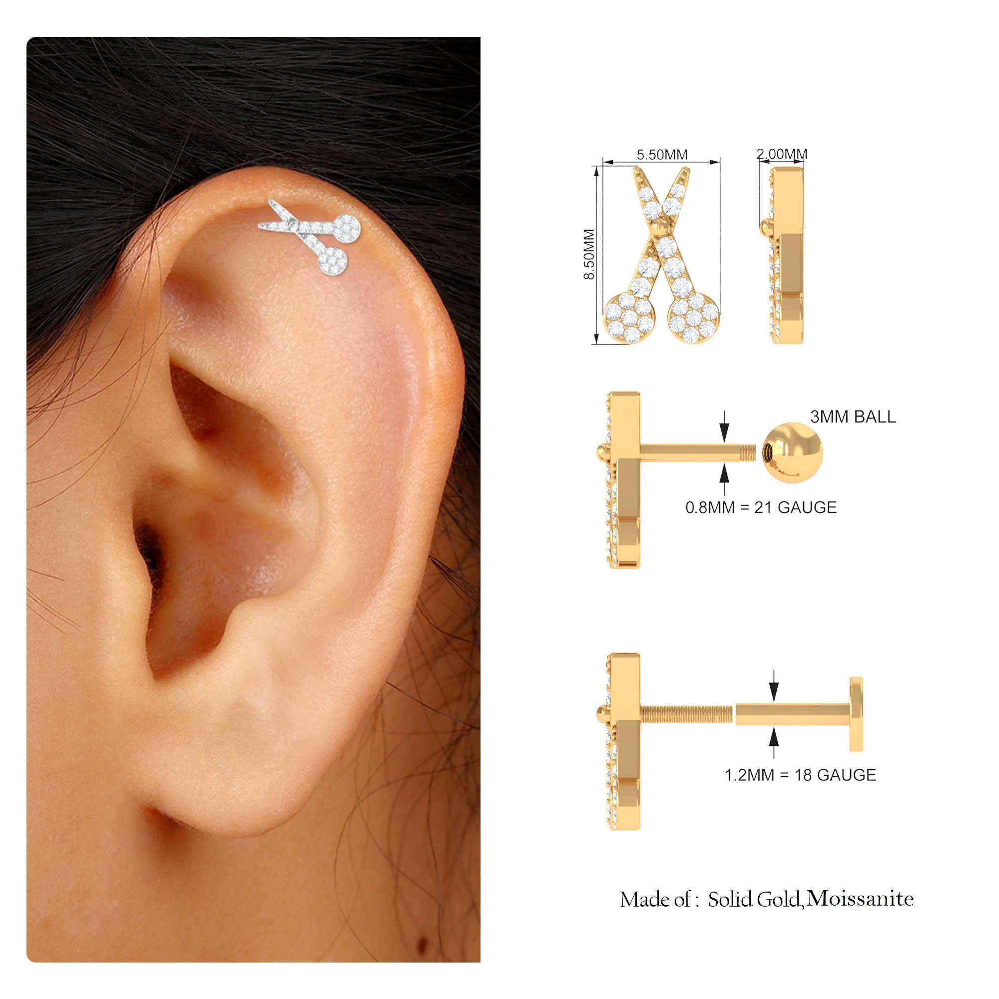 Unique Moissanite Scissor Cartilage Earring in Gold