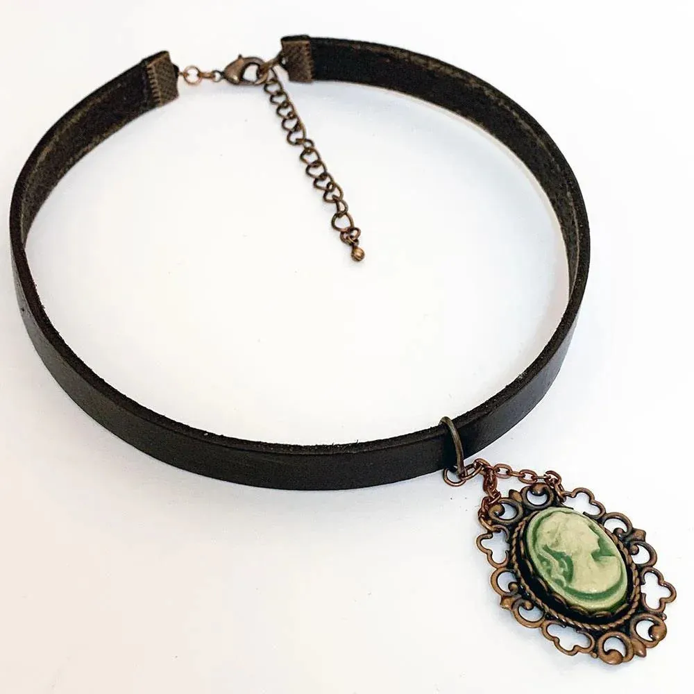 Victorian Style Brown Leather Cameo Choker Necklace