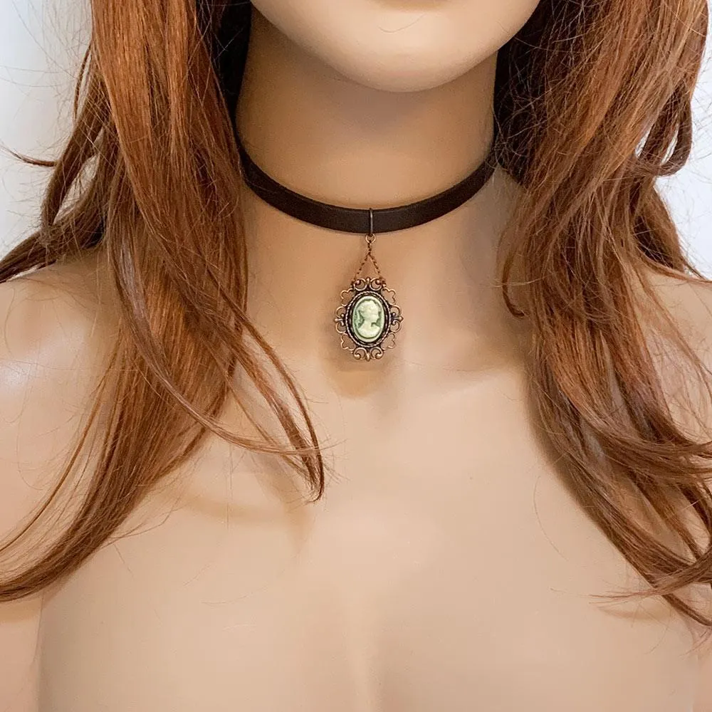 Victorian Style Brown Leather Cameo Choker Necklace