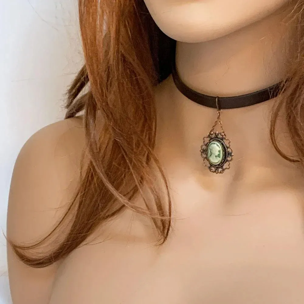 Victorian Style Brown Leather Cameo Choker Necklace