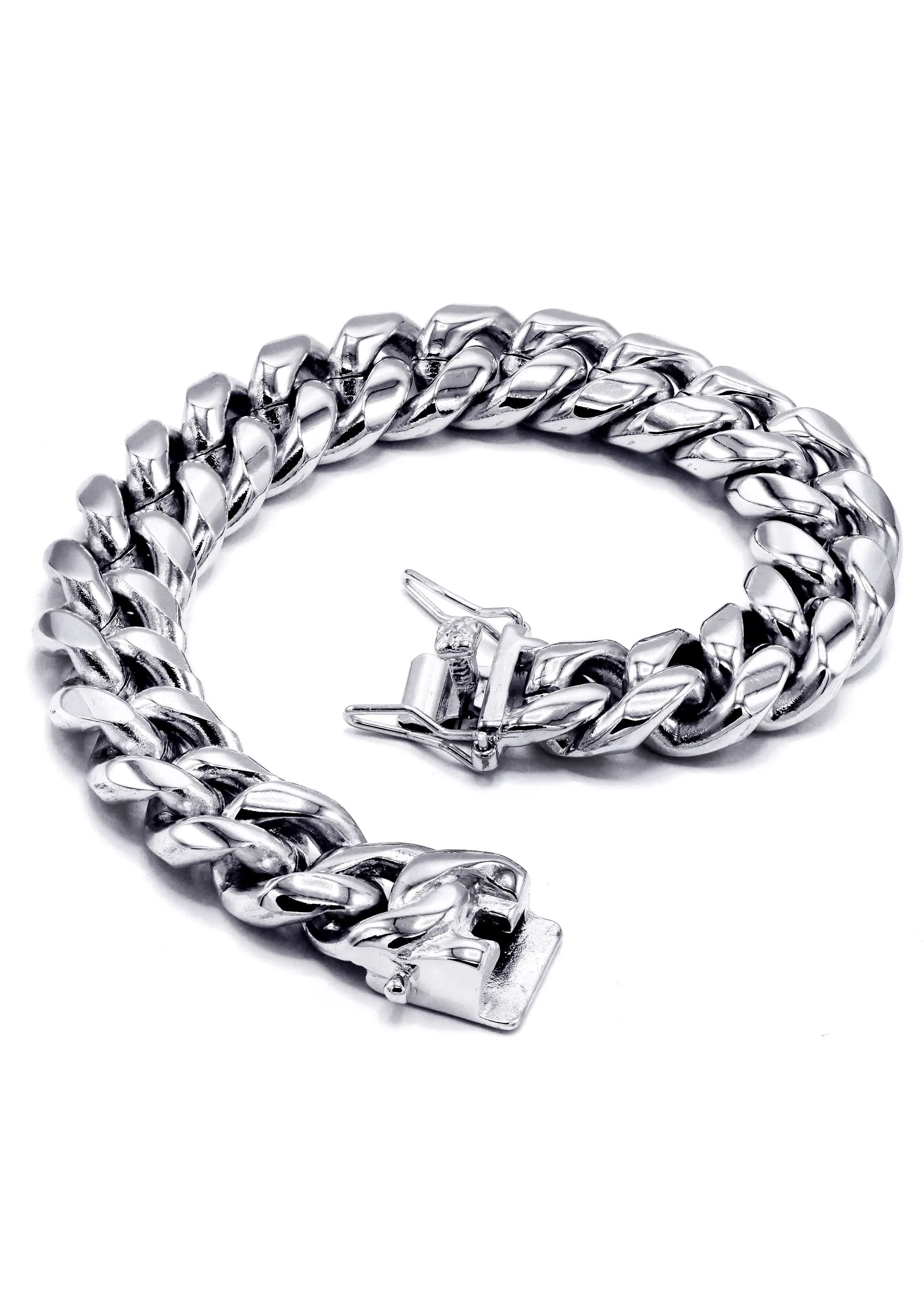 White Gold Plated Mens Solid Miami Cuban Link Bracelet