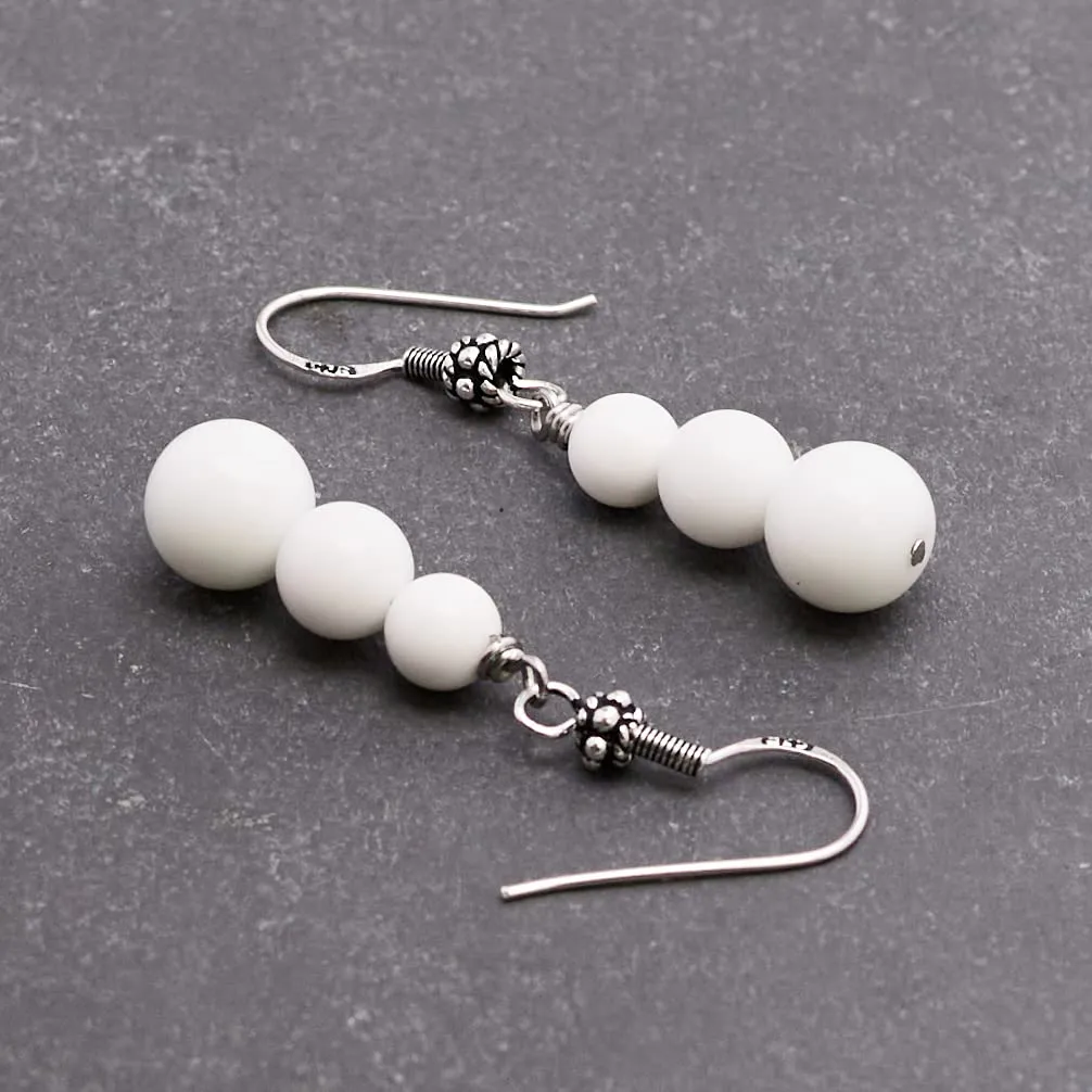 Women's Natural Gemstone Triple Bead and Sterling Silver Dangle Drop Earrings Handmade White Shell