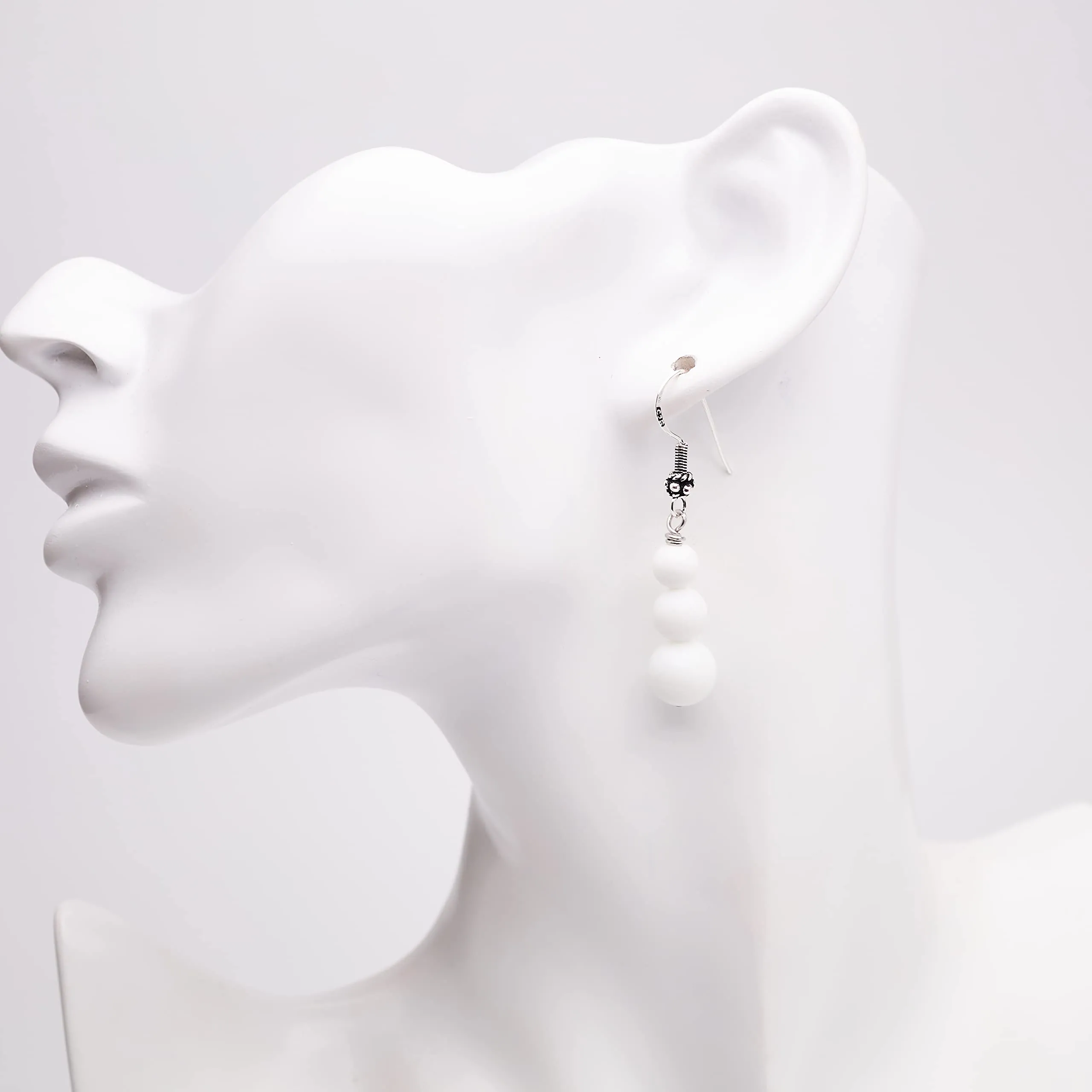 Women's Natural Gemstone Triple Bead and Sterling Silver Dangle Drop Earrings Handmade White Shell